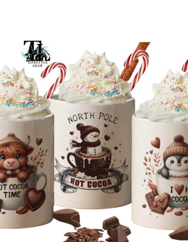Christmas hot chocolate mugs with vibrant christmas designs. Snowman Heifer Cow Penguin in mugs of hot chocolate