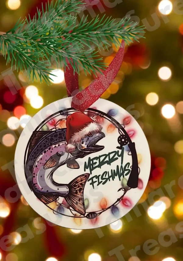 Personalized "Merry Fishmas" Fishing Ornament – Custom Rainbow Trout Christmas Gift for Dad, Grandpa, or Outdoorsman - Image 2