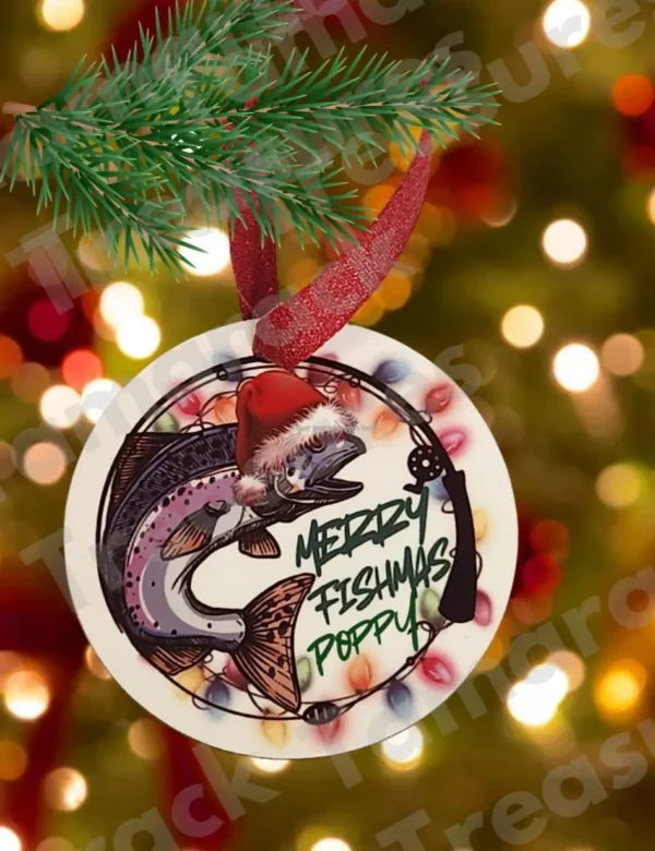 Personalized "Merry Fishmas" Fishing Ornament – Custom Rainbow Trout Christmas Gift for Dad, Grandpa, or Outdoorsman