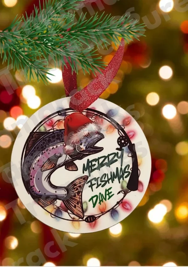 Personalized "Merry Fishmas" Fishing Ornament – Custom Rainbow Trout Christmas Gift for Dad, Grandpa, or Outdoorsman - Image 4