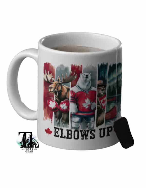White ceramic mug with Canadian themed wildlife on it