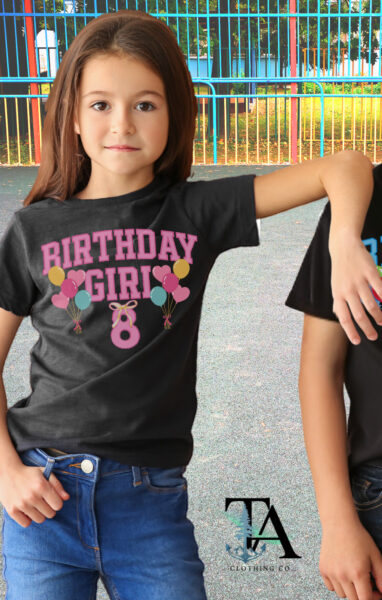 Kid and youth birthday shirt birthday girl pink letters customizeable number 8 for age. black Gildan shirt.