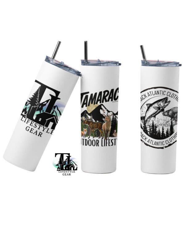 Business branded logo tumblers for promoting businesses. White 20 oz insulated tumblers with business logo sublimated on