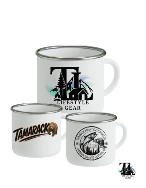 White tin camping mugs with custom business promotional logo for business branding merchandise, employee gifting, corporate brand gifts