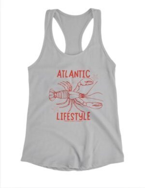 Women's silver 'Atlantic Lifestyle' lobster tank top by Tamarack Atlantic – coastal summer apparel with minimalist red lobster graphic
