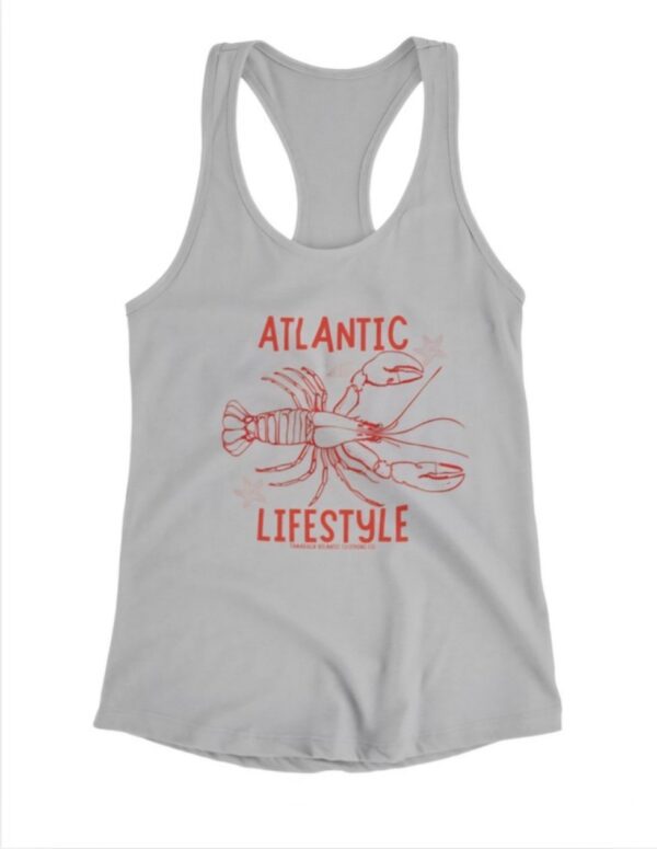 Women's silver 'Atlantic Lifestyle' lobster tank top by Tamarack Atlantic – coastal summer apparel with minimalist red lobster graphic
