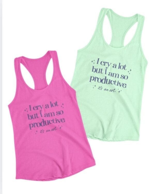 Women's black 'I Cry A Lot' tank top by Tamarack Atlantic – soft summer racerback tank with emotional wellness graphic and minimalist design Let me know when you're