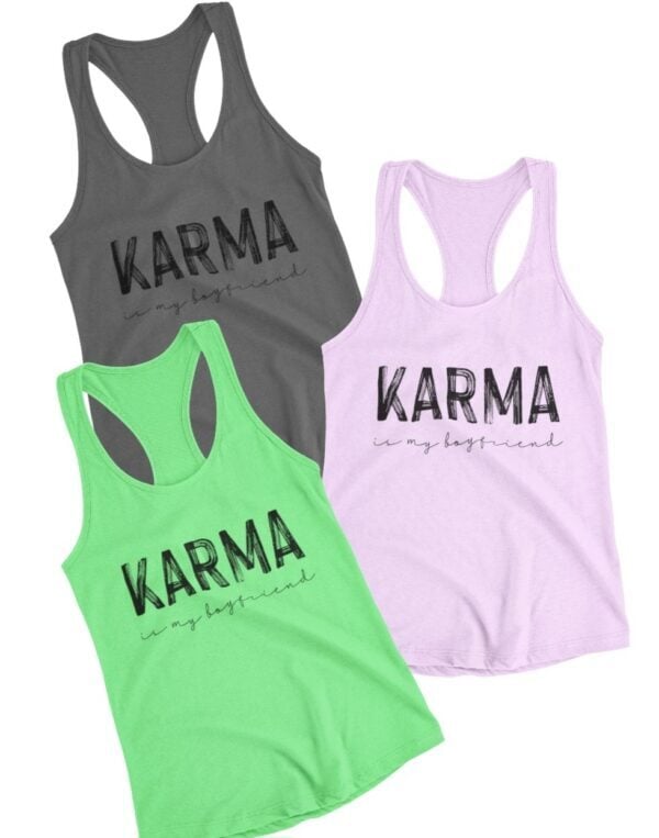 Women's black 'Karma Is My Boyfriend' tank top by Tamarack Atlantic – bold summer graphic tank with pop culture-inspired slogan