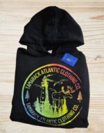 Maritimer Lifestyle Black Sweatshirt colormix logo atlantic themed with rainbow lighthouse and moose scene black gildan hoodie