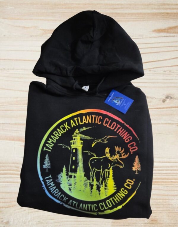 Maritimer Lifestyle Black Sweatshirt colormix logo atlantic themed with rainbow lighthouse and moose scene black gildan hoodie