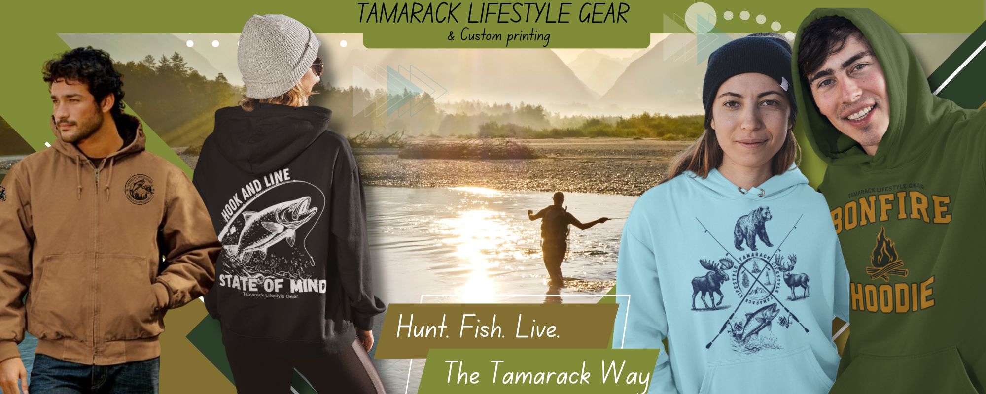 Category banner for Tamarack Atlantic Lifestyle Gear showcasing models wearing apparel made by Tamarack Atlantic Clothing Co.