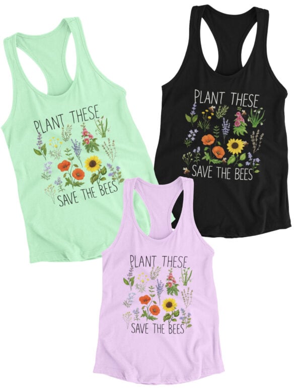 Women's black 'Plant These Save the Bees' tank top by Tamarack Atlantic with wildflower graphic – eco-friendly summer pollinator awareness apparel
