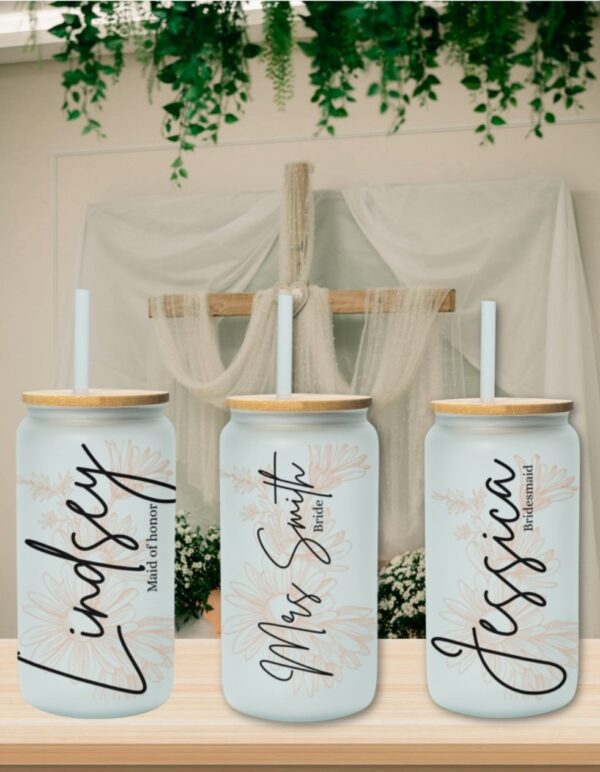 Custom Bridal| Glass Can With Steel Straw| Bridesmaid Gift
