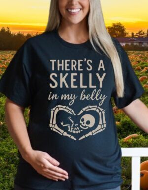 There's A Skelly In My Belly| Pregnancy Announcement| Black Gildan Tee