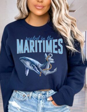 Rooted in the maritimes, maritimer shirt navy blue gildan crewneck sweatshirt easst coast design whale and maritimer anchor.