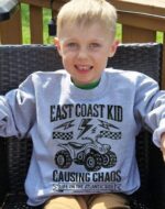 Ash toddler and youth crewnecck sweatshirt with black distressed East Coast Kid Design, fourwheeler sweatshirt for kids