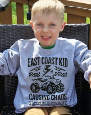 Ash toddler and youth crewnecck sweatshirt with black distressed East Coast Kid Design, fourwheeler sweatshirt for kids
