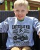 Ash toddler and youth crewnecck sweatshirt with black distressed East Coast Kid Design, fourwheeler sweatshirt for kids