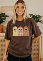 Dark Chocolate tshirt with fall aesthetic ghosties east coast spirit. Fall ghosts with plaid pattern , anchor pattern and maritimer patterns.