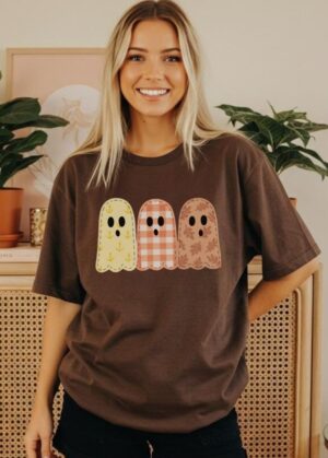 Dark Chocolate tshirt with fall aesthetic ghosties east coast spirit. Fall ghosts with plaid pattern , anchor pattern and maritimer patterns.