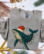 Tamarack Atlantic Clothing Sweatshirt humpback whale christmas lights in sandstone color.