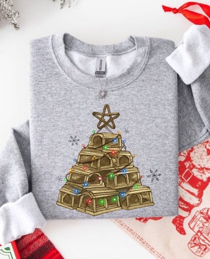 A grey crewneck with an image of lobster pots arranged into the shape of a tree.
