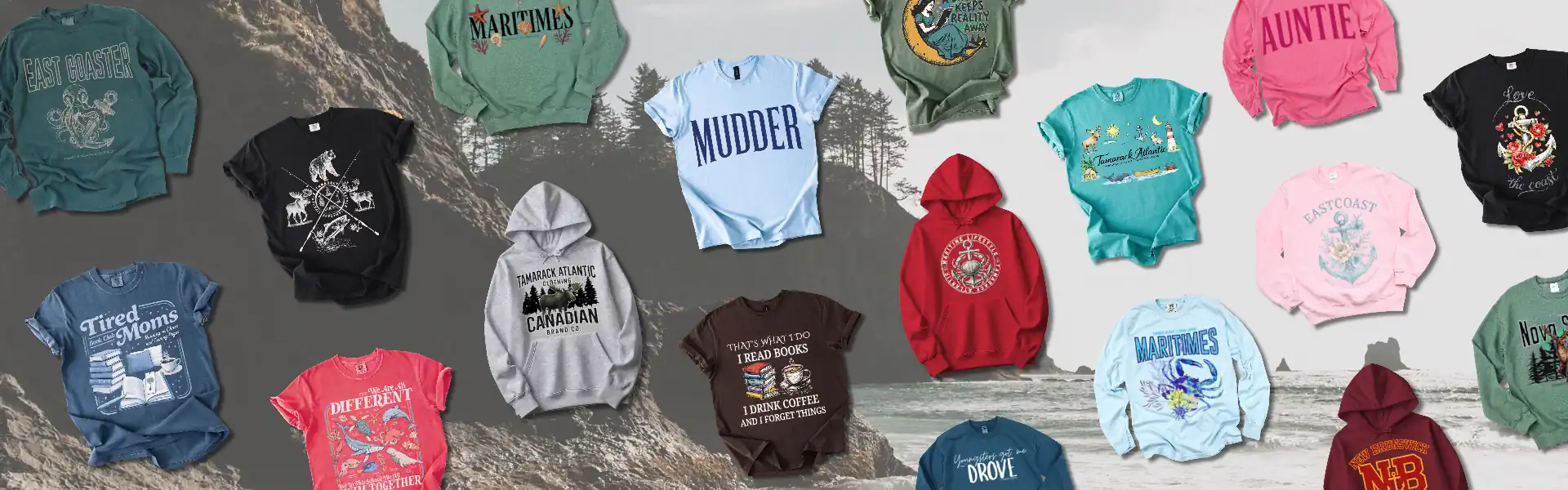 A large banner image showcasing many different Tamarack Atlantic clothing.